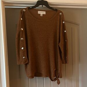 French Laundry Brown Sweater with Button Accents and Tied Knot on Bottom